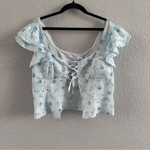 Cottagecore Blue Floral Lace-Up Corset Blouse NWT Size L